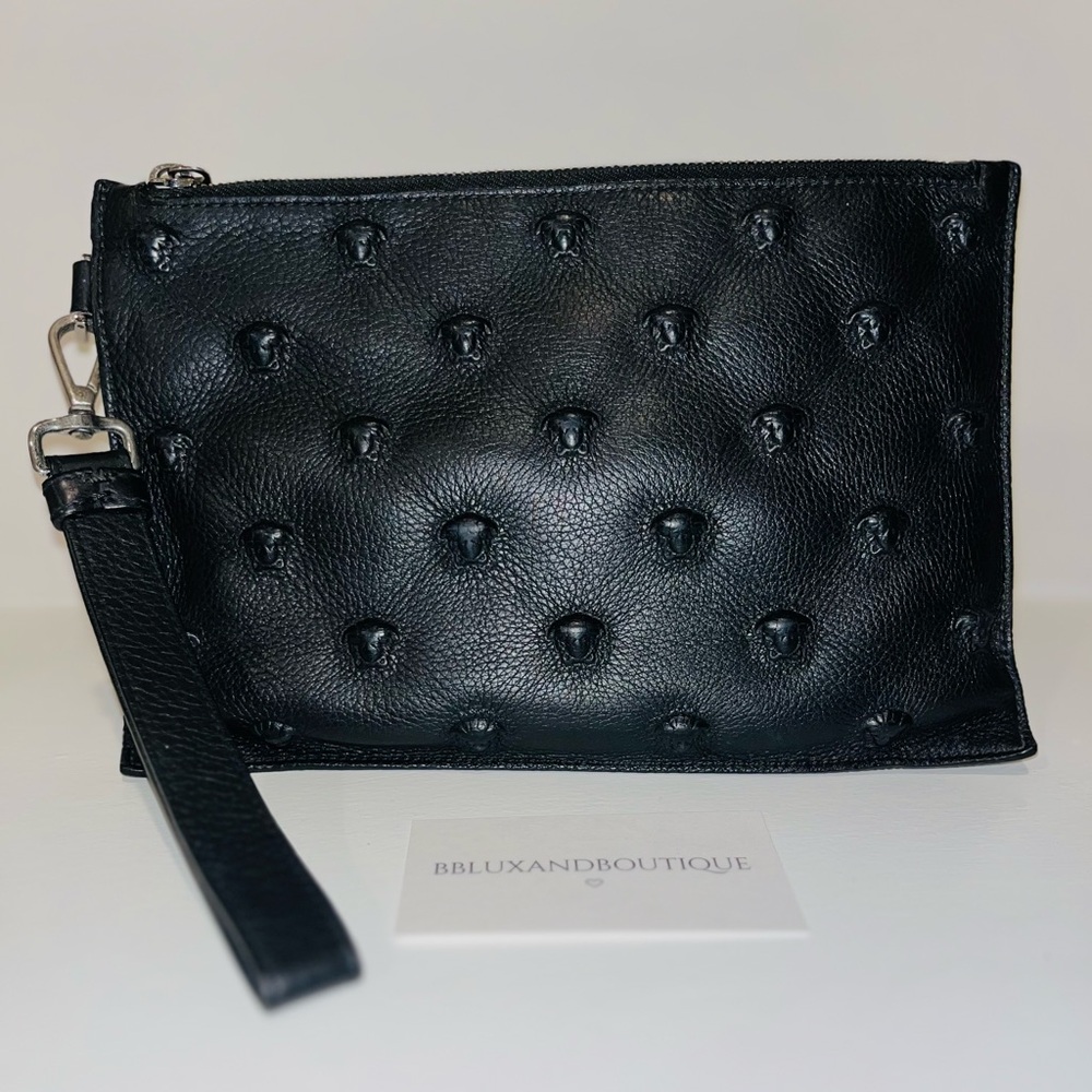 🔥 VERSACE Black Medusa Studded Leather Clutch